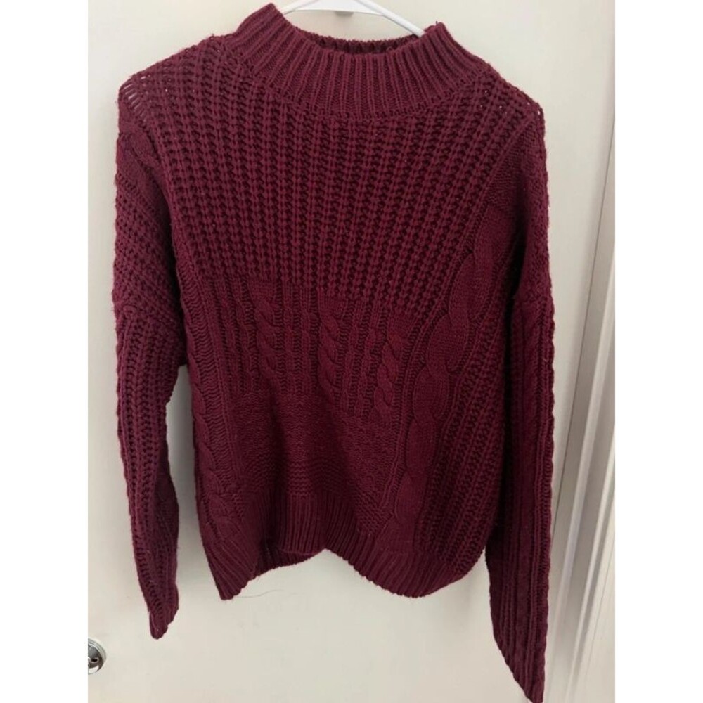 Time and Tru Burgundy Cable & Mixed Knit Mock Neck Sweater - Size L (12-14)